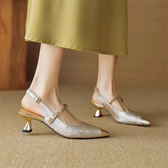 Women's Kitten Heels | Pointed Toe Metallic Satin Mary Jane