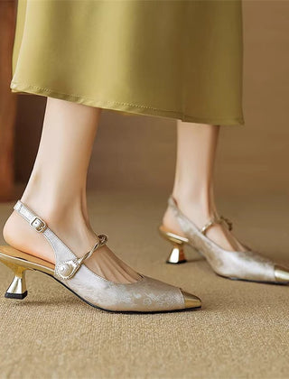 Women's Kitten Heels | Pointed Toe Metallic Satin Mary Jane