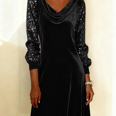 Women's Sequin Dress | Cowl Neckline Sequin Sleeves Velvet Mini