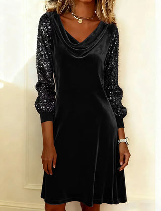 Women's Sequin Dress | Cowl Neckline Sequin Sleeves Velvet Mini