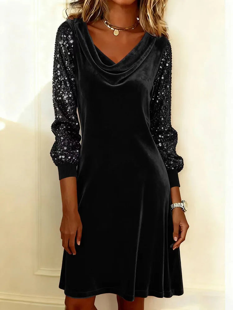 Women's Sequin Dress | Cowl Neckline Sequin Sleeves Velvet Mini