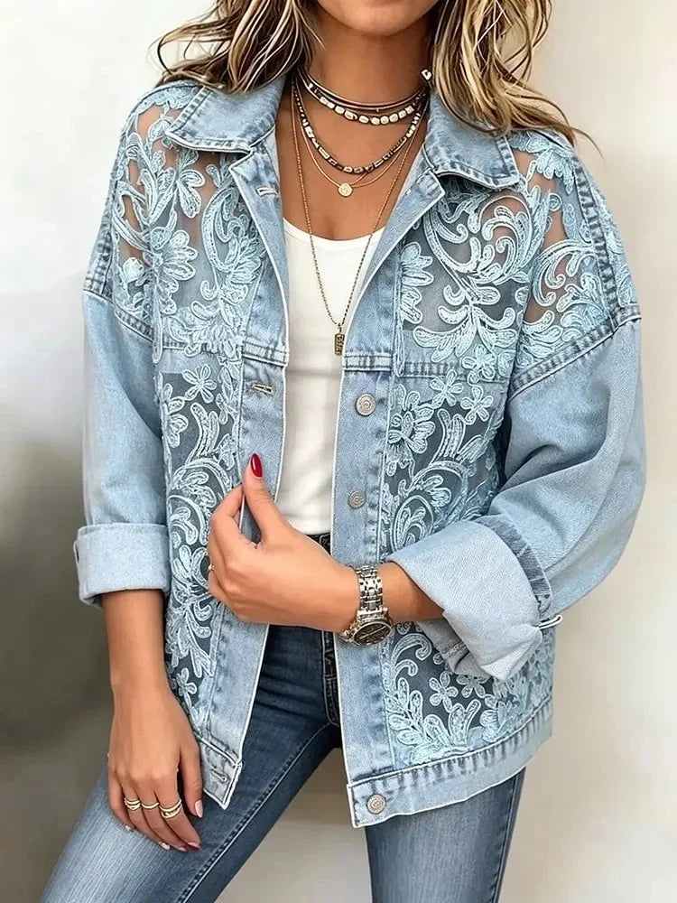Women's Denim Jacket | Lace Overlay Lapel Collar Button Front