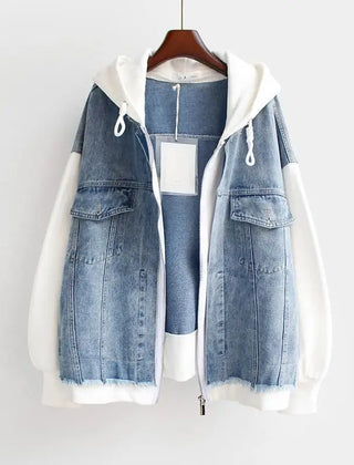 Women's Denim Jacket | Hooded Zip Closure Color Block Hybrid