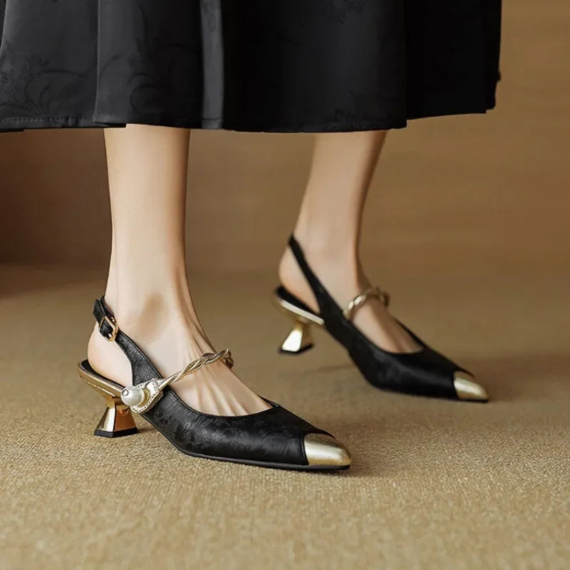 Women's Kitten Heels | Pointed Toe Pearl Strap Slingback