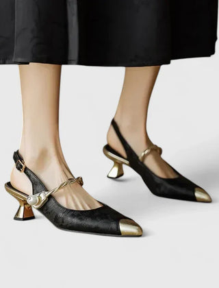 Women's Kitten Heels | Pointed Toe Pearl Strap Jacquard