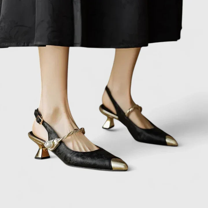 Women's Kitten Heels | Pointed Toe Pearl Strap Jacquard