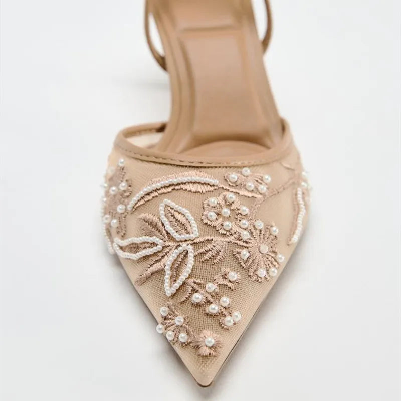 Women's Kitten Heels | Pointed Toe Slingback Embroidered Mesh
