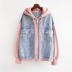 Women's Denim Jacket | Hooded Zip Closure Color Block Hybrid