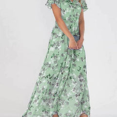 Women's Green Maid Of Honor Dress | Maxi V-Neck Ruffled Sleeve Floral