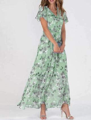 Women's Green Maid Of Honor Dress | Maxi V-Neck Ruffled Sleeve Floral