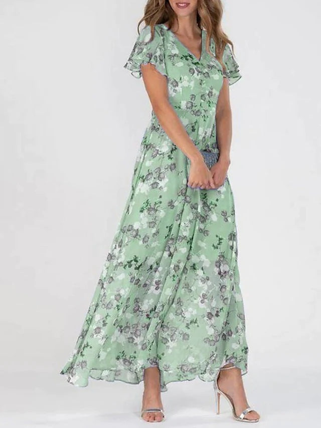 Women's Green Maid Of Honor Dress | Maxi V-Neck Ruffled Sleeve Floral