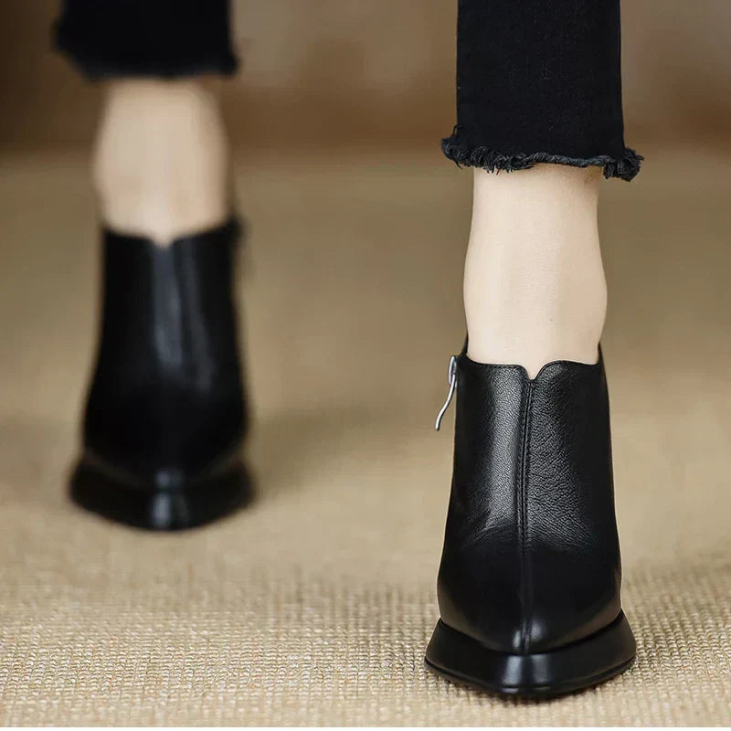 Women's Platform Heels | Leather Ankle Bootie Pointed Toe Zipper