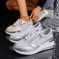 Women's Platform Sneakers | Metallic Upper Lace Closure Zipper