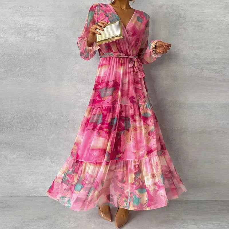 Women's Wedding Guest Dress | Maxi V-Neck Floral Print Puff Sleeve