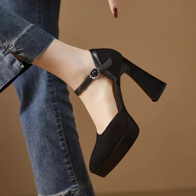 Women's Platform Heels | Rounded Toe Ankle Strap Buckle Block Heel