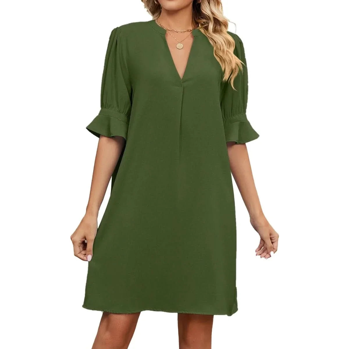 Women's Smart Dress | V Neck Midi Puffed Sleeve