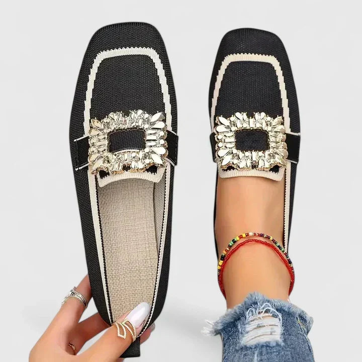 Women's Flats | Square Toe Jeweled Buckle Knit