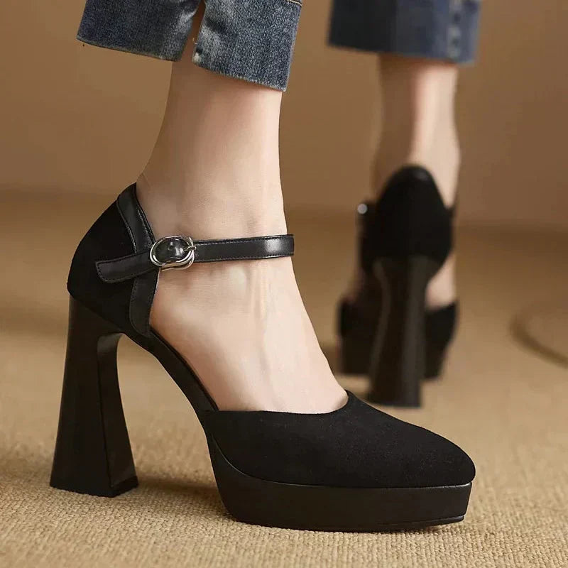 Women's Platform Heels | Rounded Toe Ankle Strap Buckle Block Heel