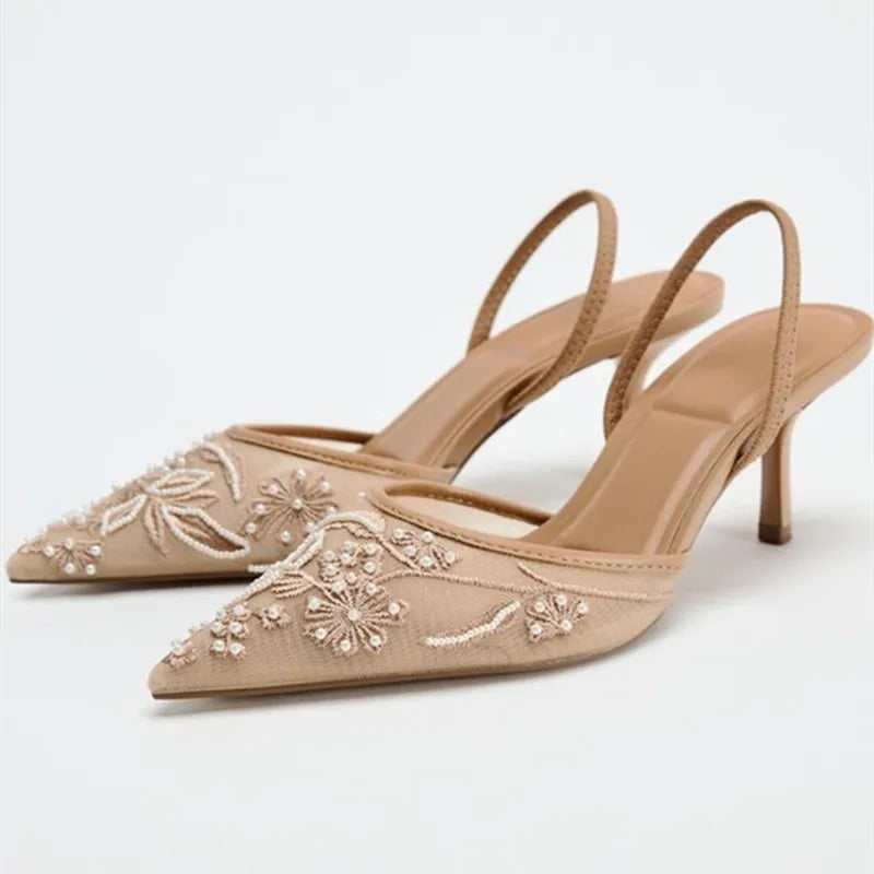 Women's Kitten Heels | Pointed Toe Slingback Embroidered Mesh