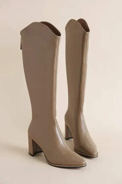 Women's Thigh High Boots | Pointed Toe Block Heel Zip Closure