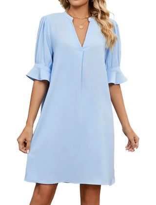 Women's Smart Dress | V Neck Midi Puffed Sleeve