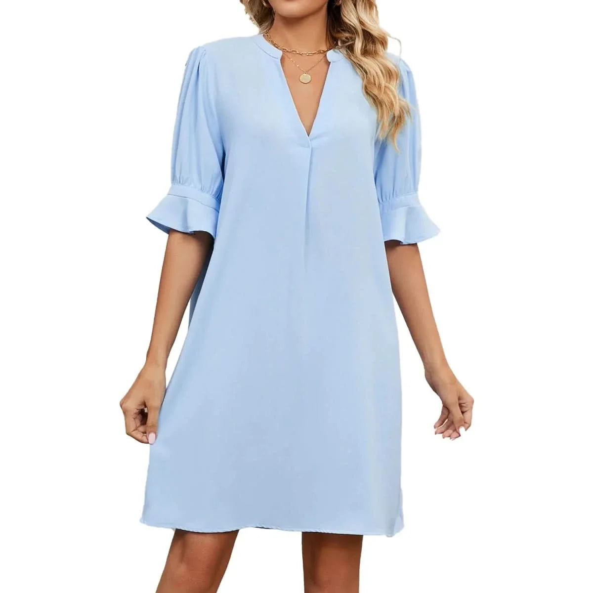 Women's Smart Dress | V Neck Midi Puffed Sleeve