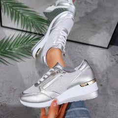 Women's Platform Sneakers | Metallic Upper Lace Closure Zipper