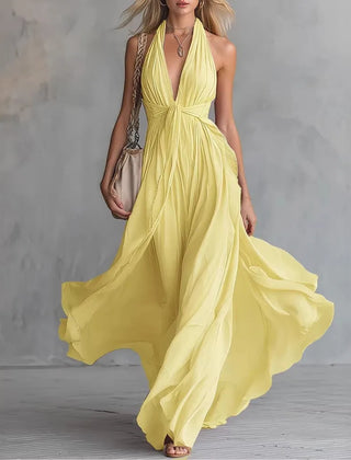 Women's Cocktail Dress | Maxi Halter Neckline Pleated Open Back