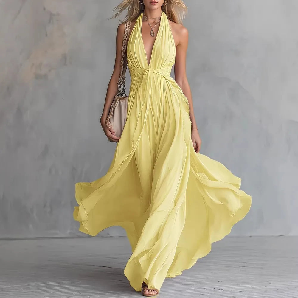 Women's Cocktail Dress | Maxi Halter Neckline Pleated Open Back