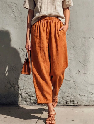 Women's Linen Pants | Wide Leg Relaxed Fit Elastic Waist