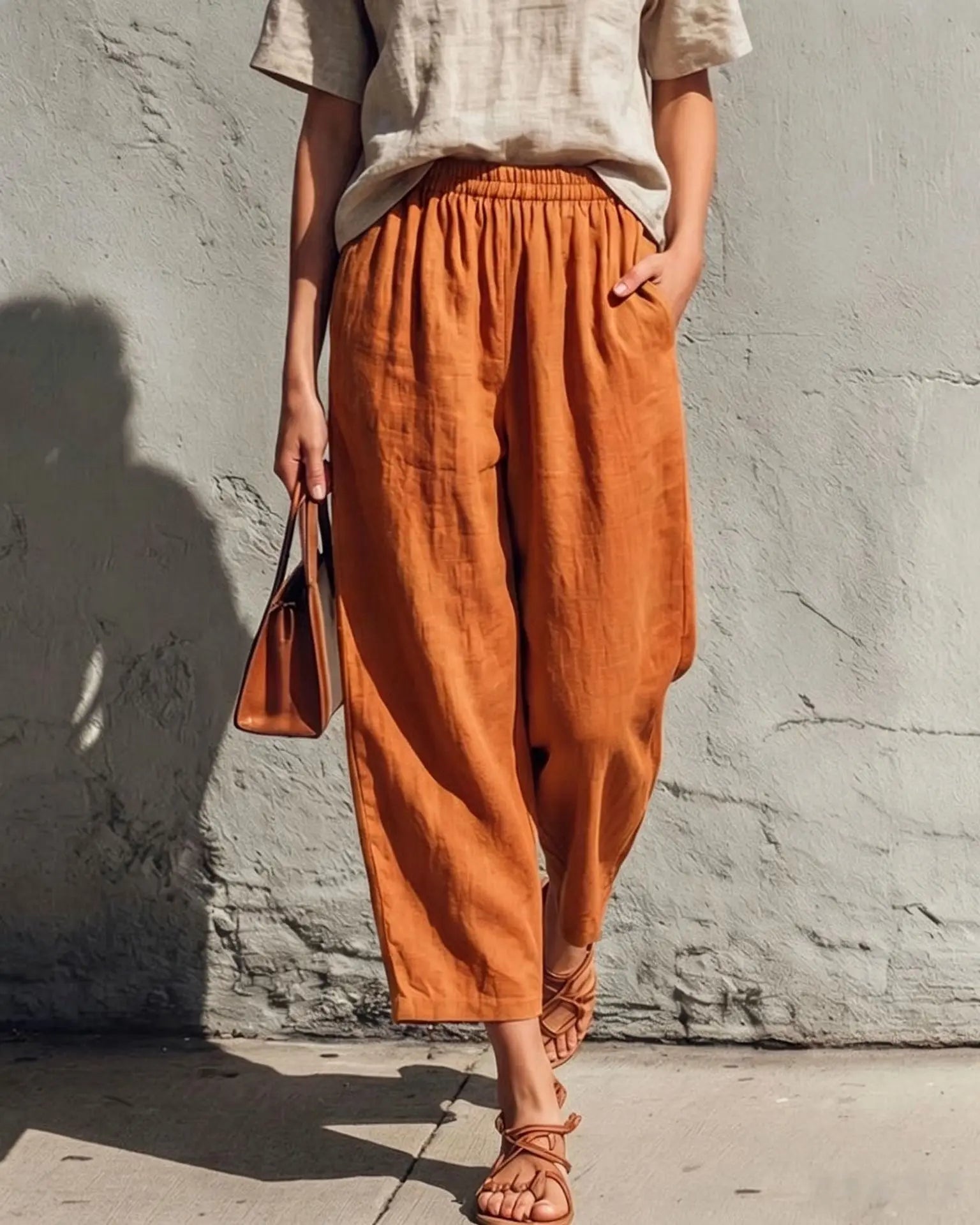 Women's Linen Pants | Wide Leg Relaxed Fit Elastic Waist