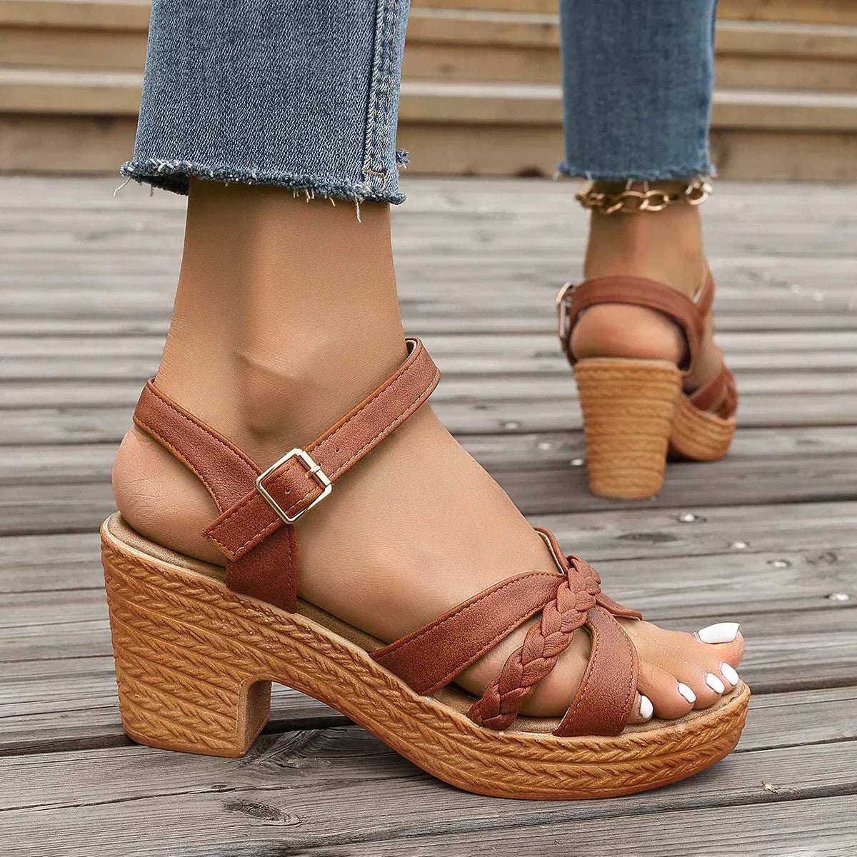 Women's Platform Sandals | Braided Straps Ankle Buckle Open Toe