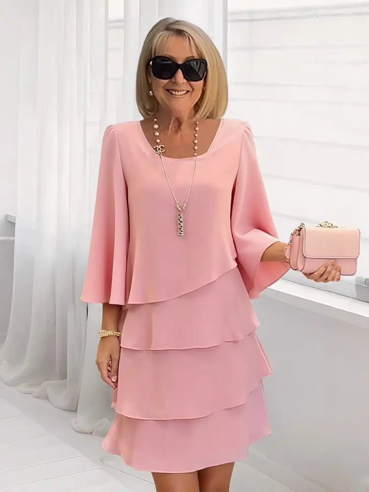 Women's Ruffle Dress | Midi Length Round Neckline Flutter Sleeves