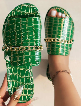 Women's Flip Flop | Open Toe Chain Detail Croc Print Sole