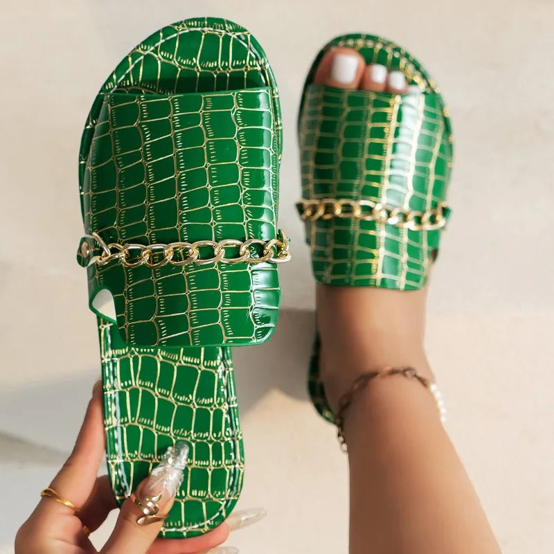 Women's Flip Flop | Open Toe Chain Detail Croc Print Sole