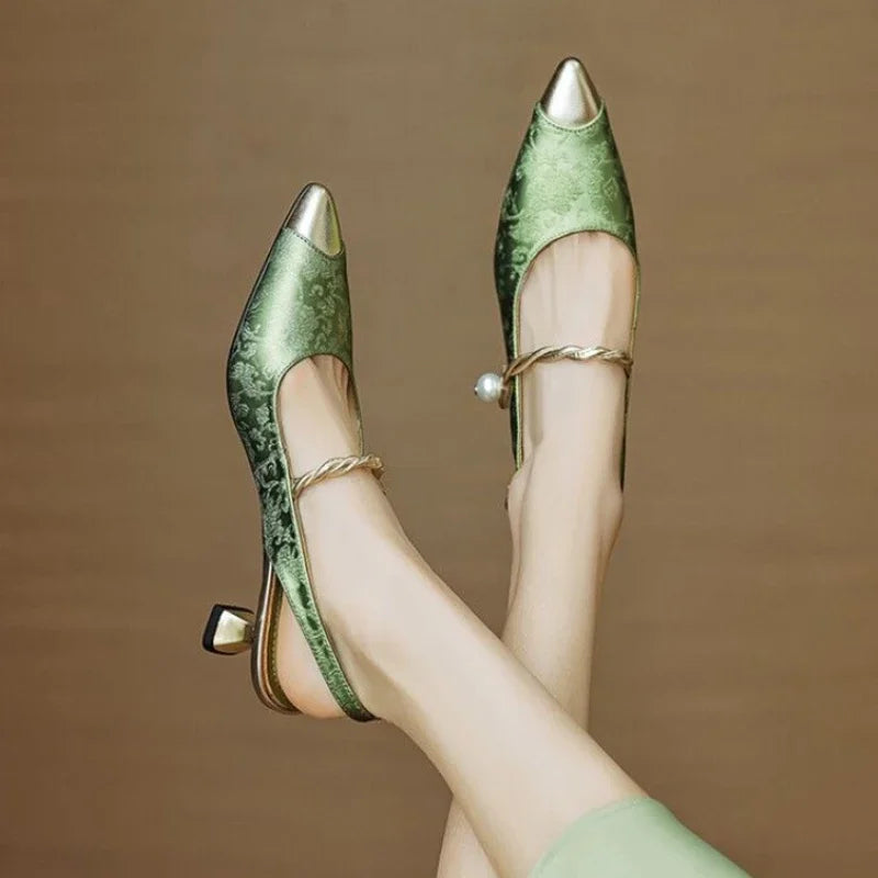 Women's Kitten Heels | Pointed Toe Pearl Strap Slingback