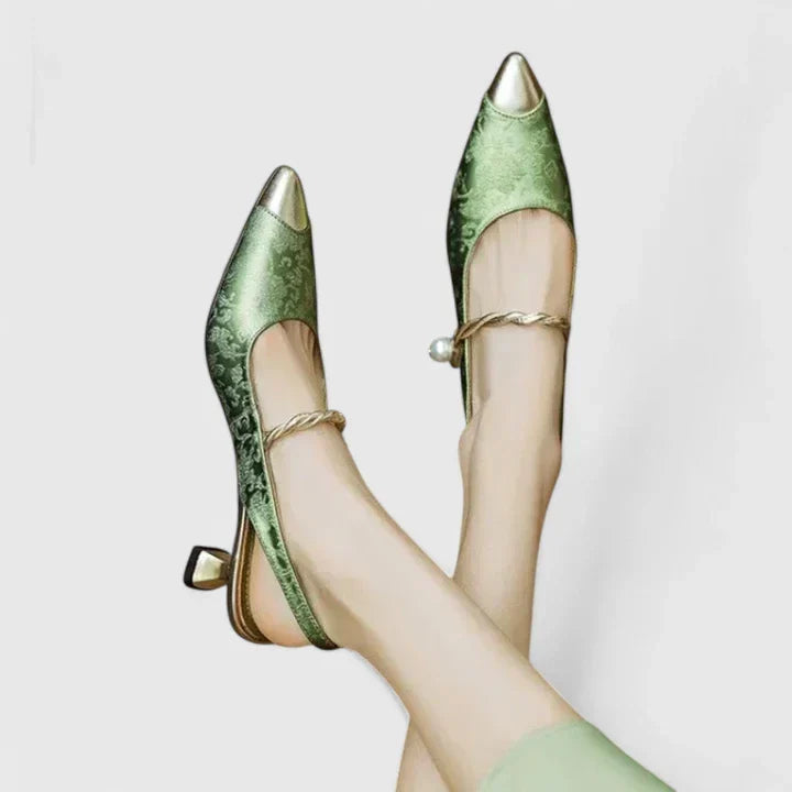 Women's Kitten Heels | Pointed Toe Pearl Strap Jacquard