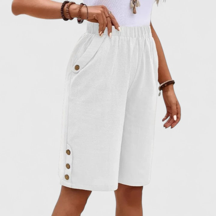 Women's White Linen Shorts | High-Rise Relaxed Leg Button Detail
