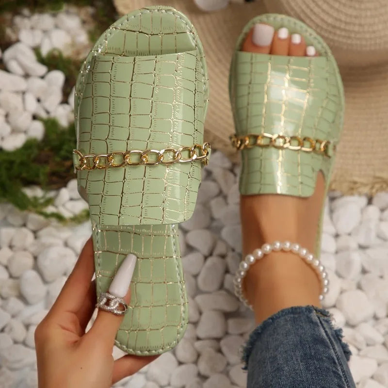 Women's Flip Flop | Open Toe Chain Detail Croc Print Sole