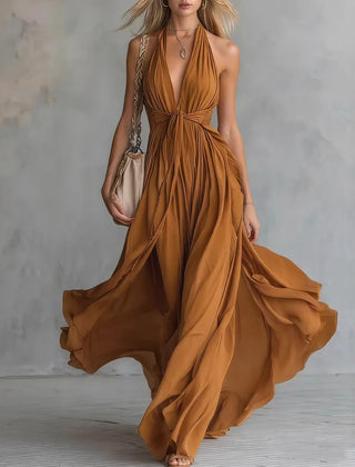 Women's Cocktail Dress | Maxi Halter Neckline Pleated Open Back