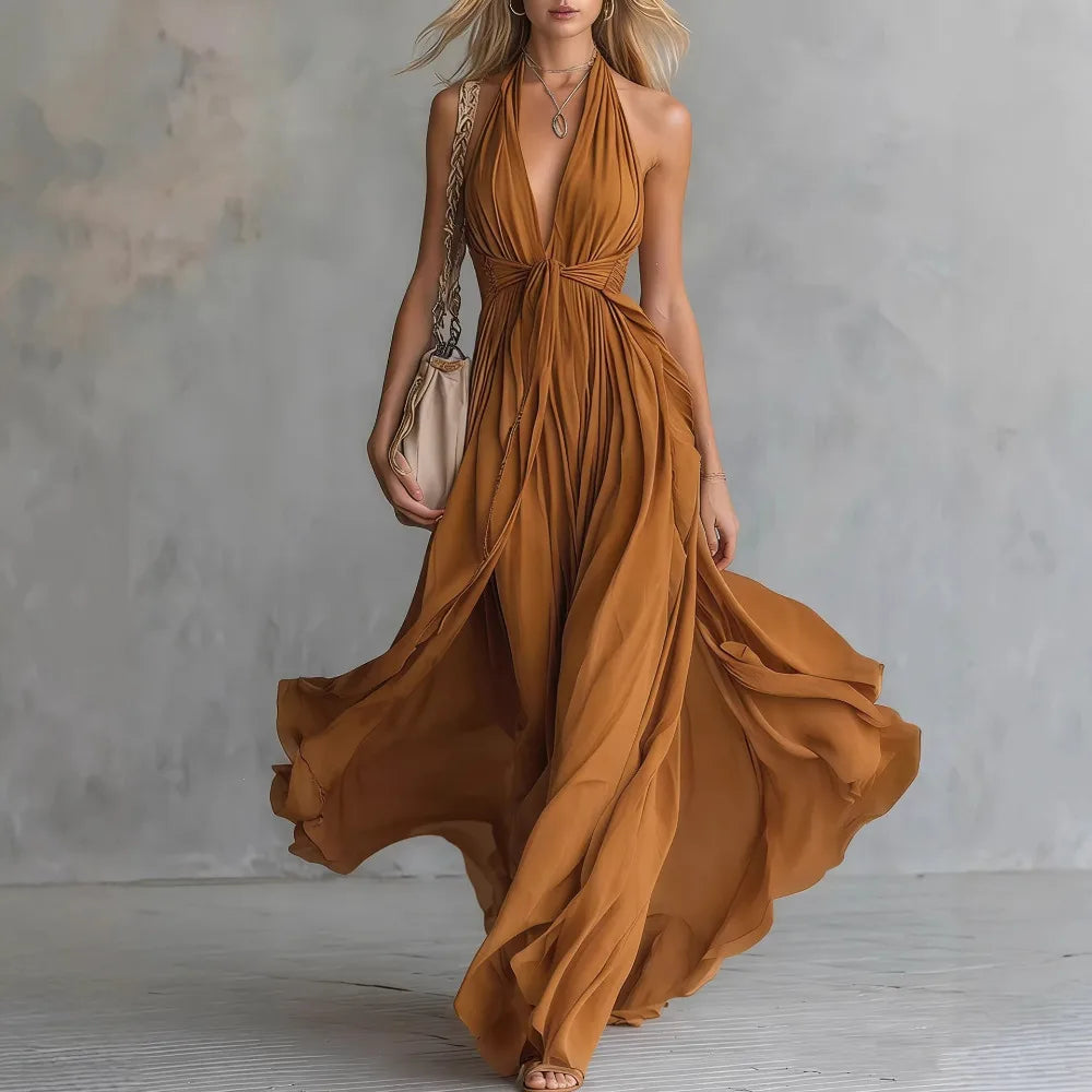 Women's Cocktail Dress | Maxi Halter Neckline Pleated Open Back