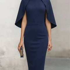 Women's Formal Dress | Midi Cape Sleeve Round Neckline Fitted