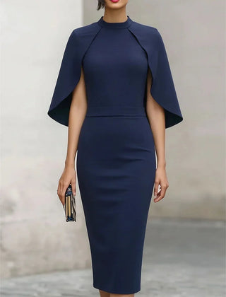 Women's Formal Dress | Midi Cape Sleeve Round Neckline Fitted