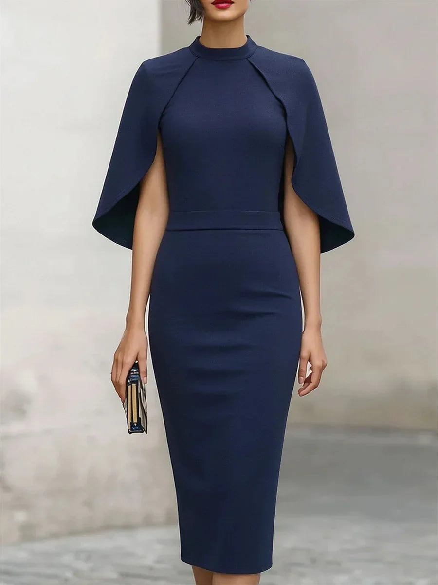 Women's Formal Dress | Midi Cape Sleeve Round Neckline Fitted