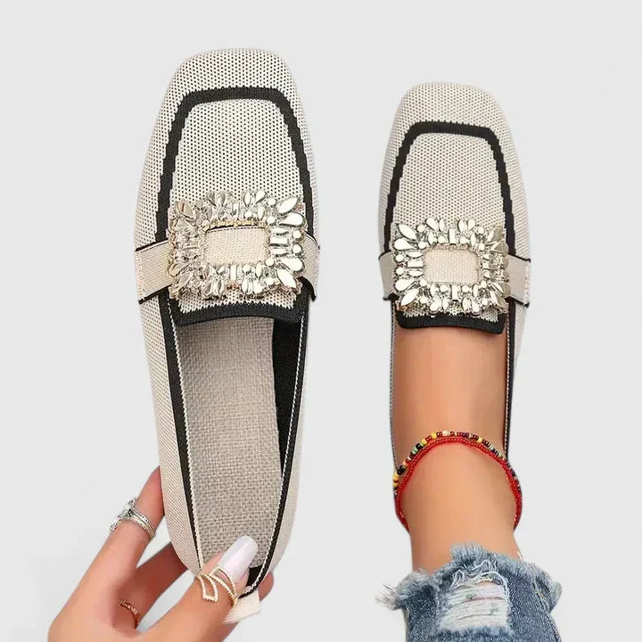 Women's Flats | Square Toe Jeweled Buckle Knit