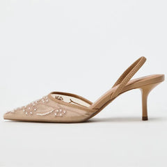 Women's Kitten Heels | Pointed Toe Slingback Embroidered Mesh
