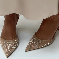 Women's Kitten Heels | Pointed Toe Slingback Embroidered Mesh
