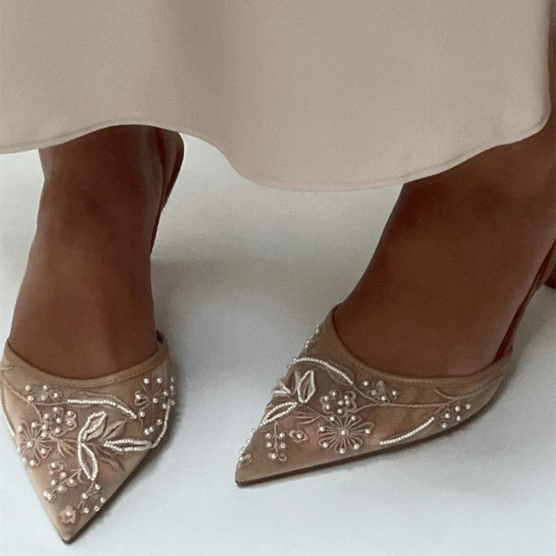 Women's Kitten Heels | Pointed Toe Slingback Embroidered Mesh