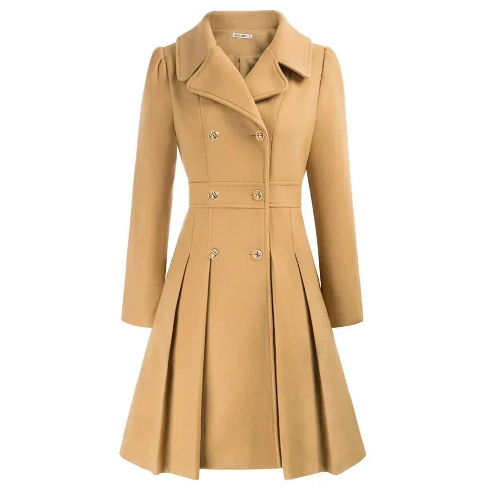 Women's Wool Coat | Double Breasted Notched Lapel A-Line Midi