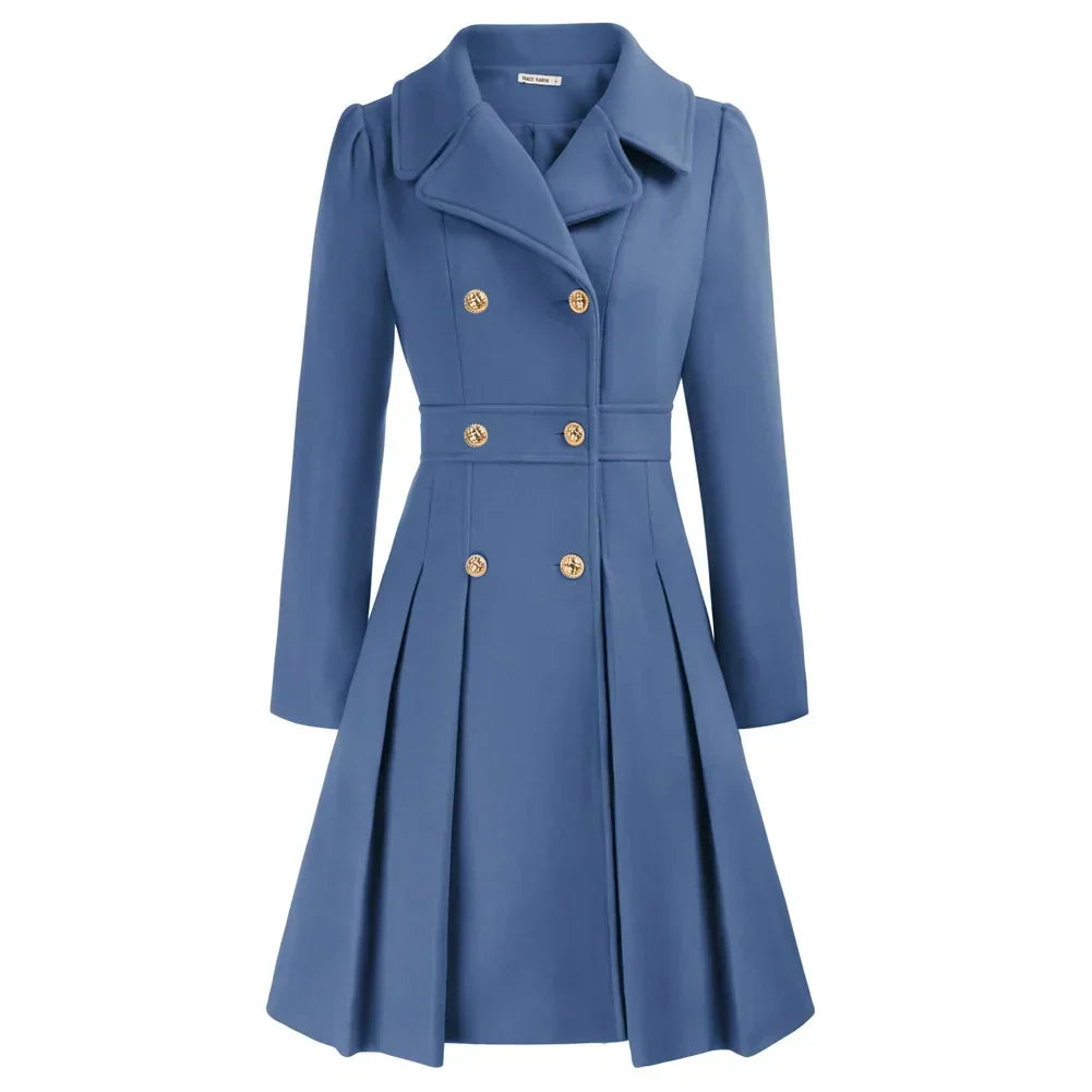 Women's Wool Coat | Double Breasted Notched Lapel A-Line Midi